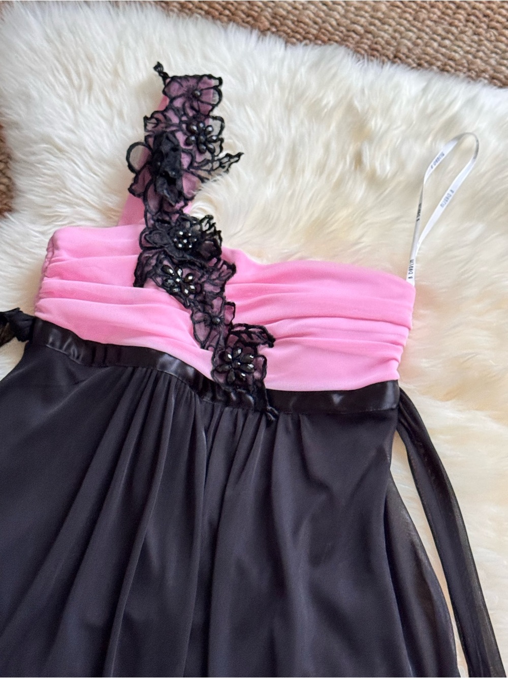 B Darlin Pink and Black One-Shoulder Prom Dress